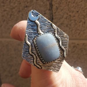 New Witchy Angelite Horned Crescent Moon 925 Silver Ring.